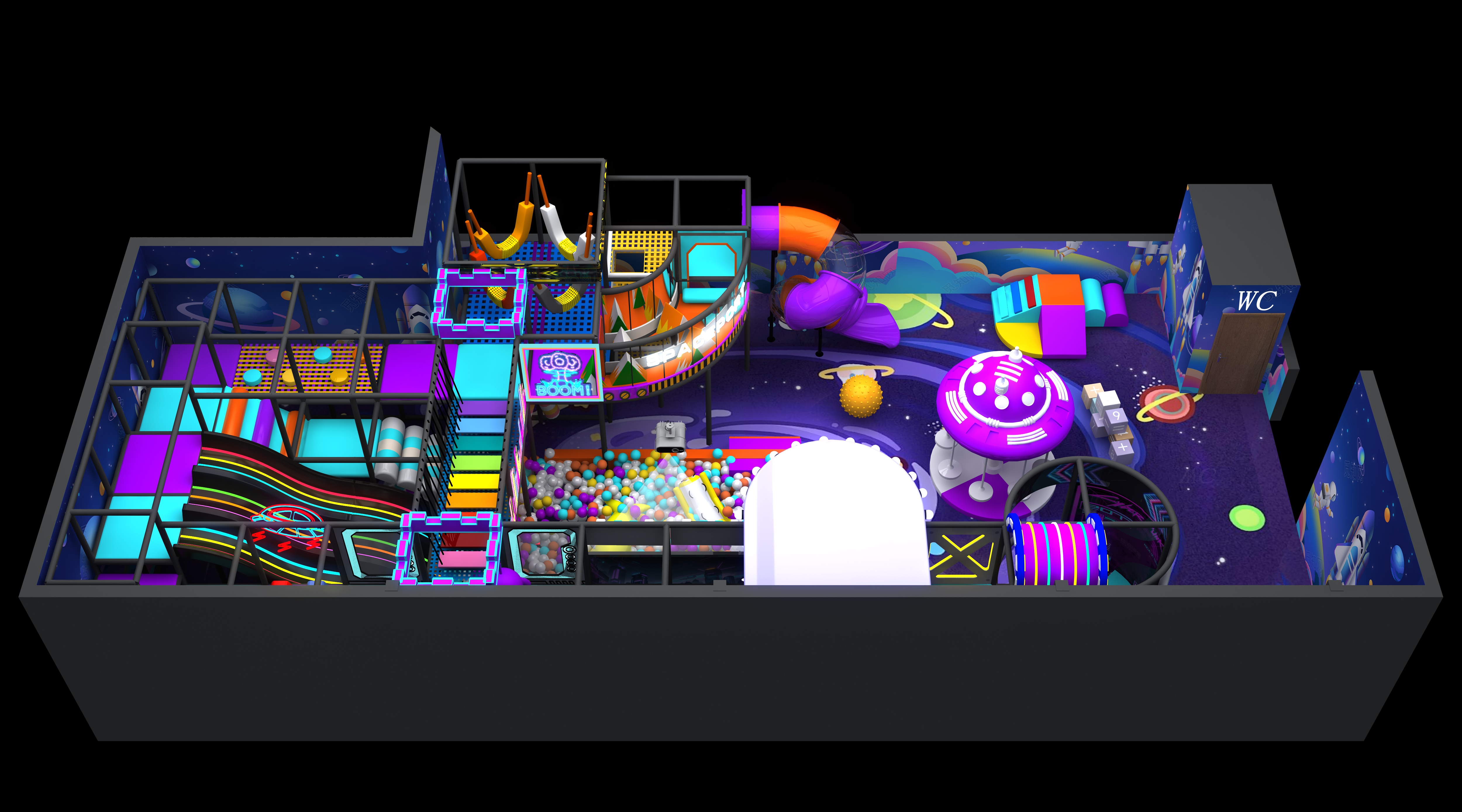 Space Theme Indoor Playground | Neon Soft Play & Interactive Kids Play Center