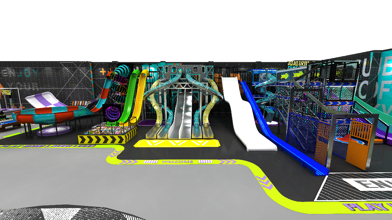 Custom Family Entertainment Center Design with Trampoline, Slides and Adventure Park Elements