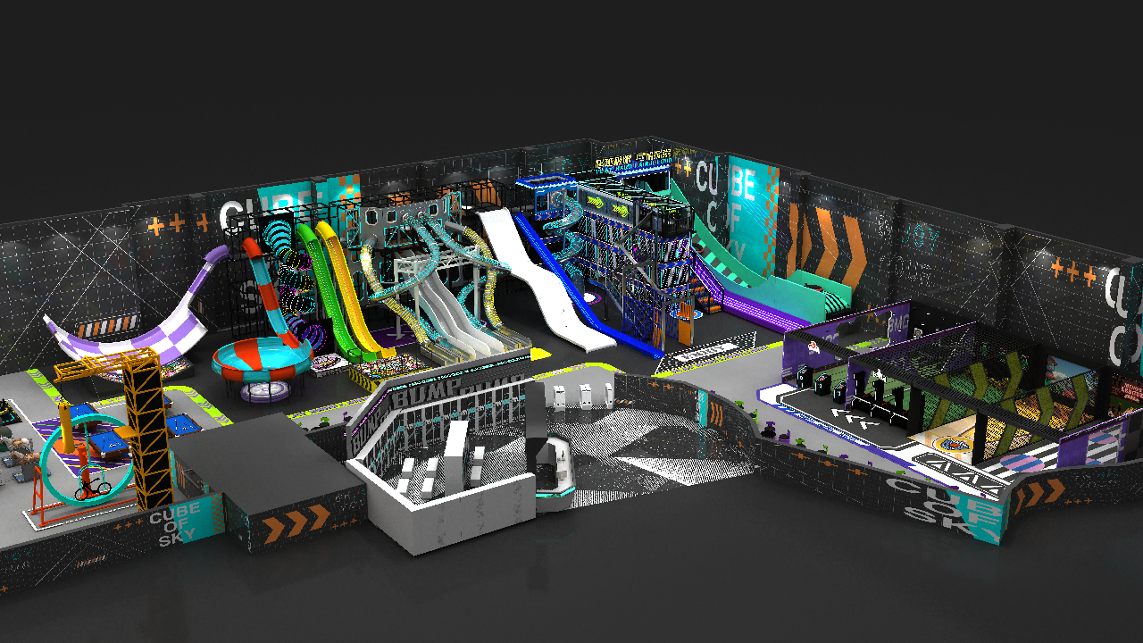 Custom Family Entertainment Center Design with Trampoline, Slides and Adventure Park Elements